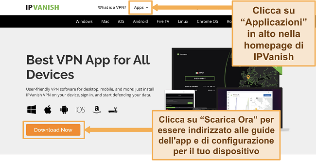 Cattura schermo del sito web di IPVanish che mostra dove scaricare le applicazioni su un browser PC