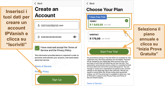 Cattura schermo dell'applicazione IPVanish su iOS che mostra i dettagli del nuovo account e l'abbonamento annuale con prova gratuita di 7 giorni su un iPhone