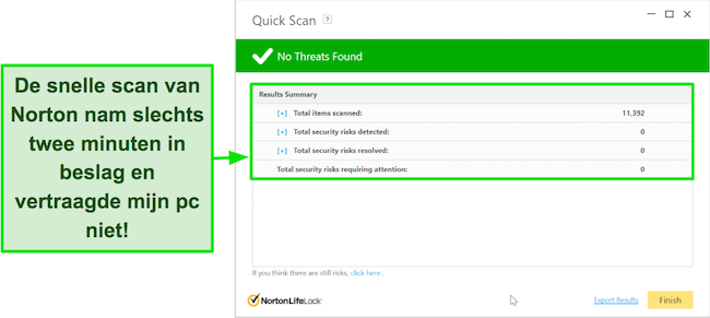 Schermafbeelding van het scherm met snelle scanresultaten van Norton