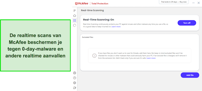 McAfee-app toont real-time beschermingsscannen ingeschakeld