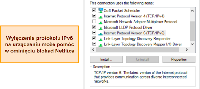 Zrzut ekranu przedstawiający ustawienia karty internetowej systemu Windows z podświetlonym protokołem IPv6