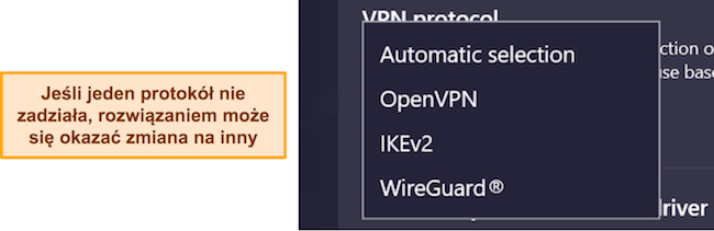 Zrzut ekranu przedstawiający różne opcje protokołu VPN CyberGhost
