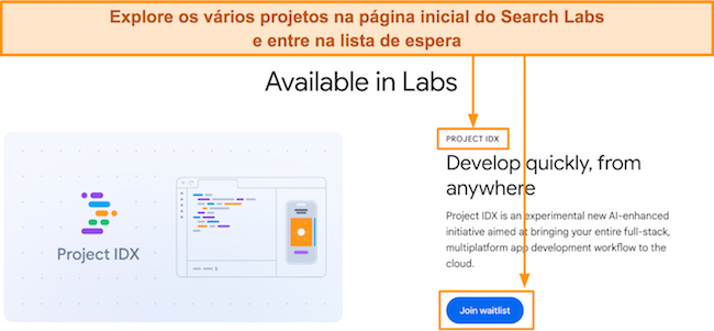 Captura de tela de como entrar na lista de espera dos projetos do Google Search Lab