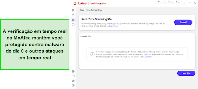 Aplicativo McAfee mostrando verificação de proteção em tempo real ativada