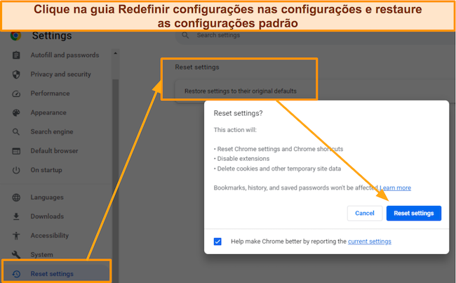 Captura de tela mostrando a opção Restaurar configurações do Chrome