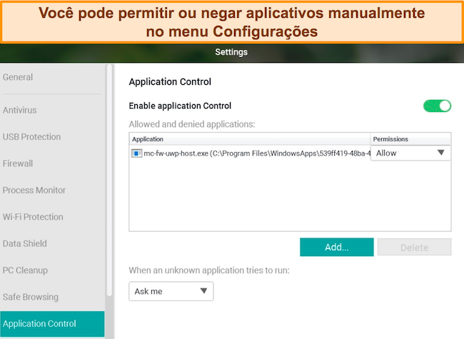 Captura de tela do menu de configuração do Controle de Aplicativos do Panda