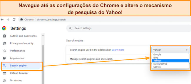 Captura de tela mostrando a guia do mecanismo de pesquisa do Chrome