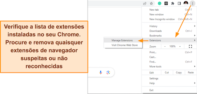 Captura de tela da opção de menu do Chrome mostrando o botão de extensões