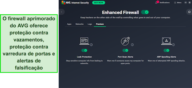 Aplicativo da AVG mostrando proteção de firewall aprimorada