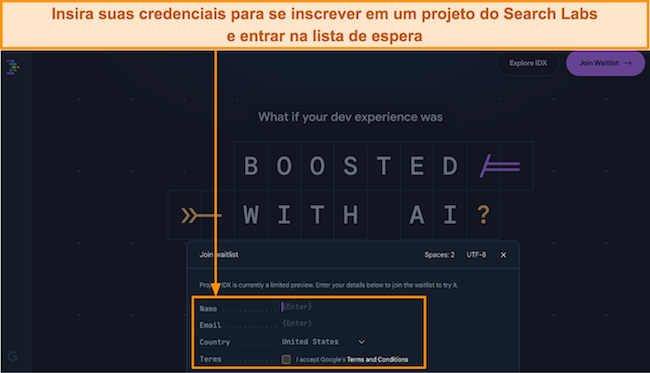 Captura de tela da página inicial do Projeto IDX do Google Search Lab e do botão entrar na lista de espera