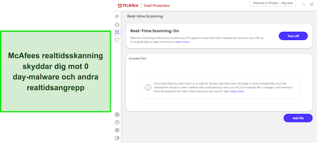 McAfee-appen som visar realtidsskyddsskanning på