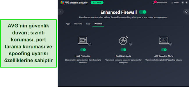 Gelişmiş güvenlik duvarı korumasını gösteren AVG uygulaması