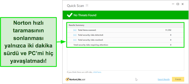 Norton'un hızlı tarama sonuçları ekranının ekran görüntüsü