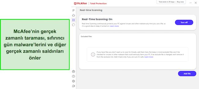 Gerçek zamanlı koruma taramasını gösteren McAfee uygulaması