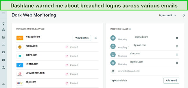 Screenshot of Dashlane Dark Web Monitoring results