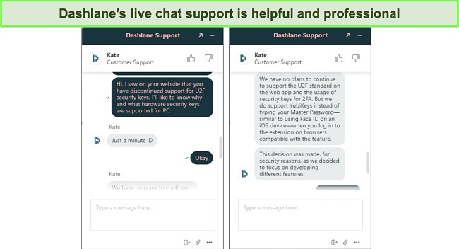 Screenshot of a conversation with Dashlane's live chat support