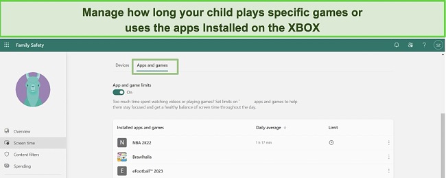Open the Apps and Games section to manage the screen time