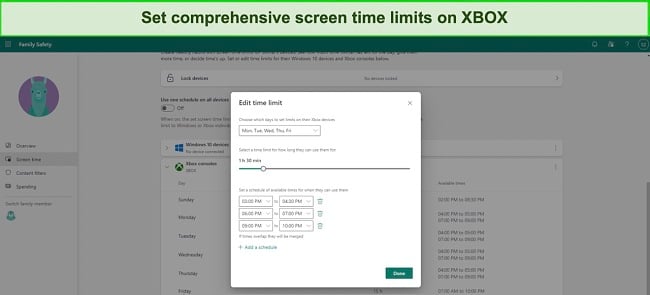 Family Safety has the option for daily screen time limits and a usage schedule