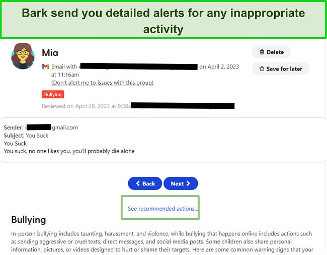 Bark sends detailed alerts when it detects inappropriate activity