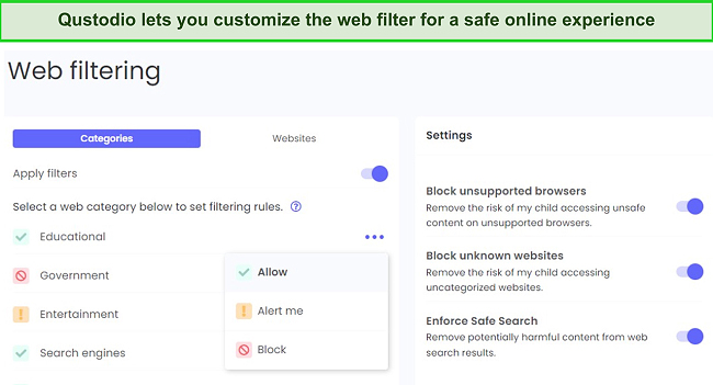 Use the web filter to prevent your child from accessing inappropriate websites