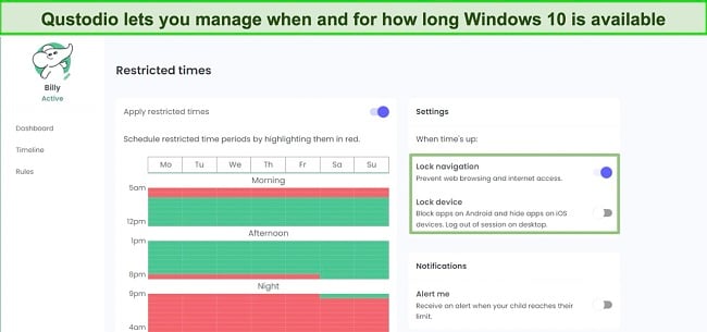 Qustodio has fully customizable screen time rules