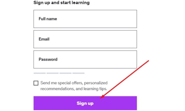Udemy sign up form screenshot