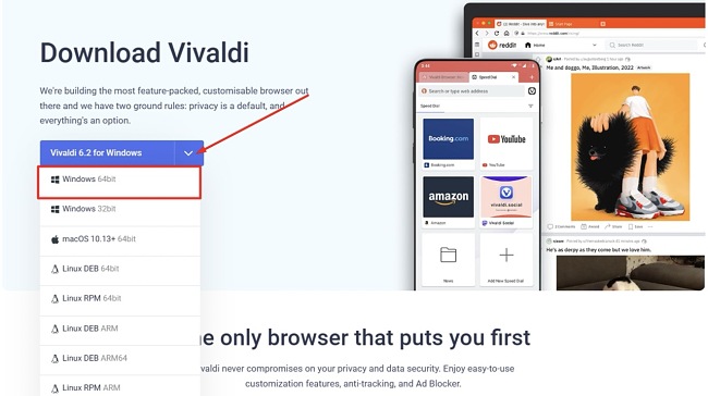 Screenshot der Download-Optionen des Vivaldi-Browsers