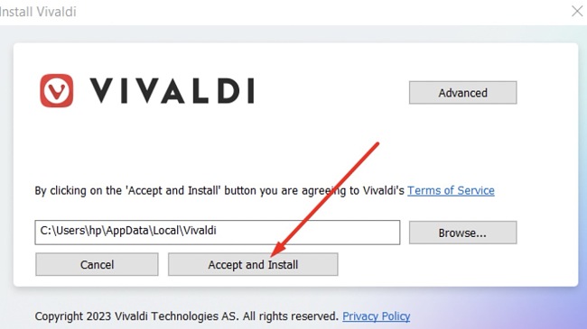 Screenshot der Installation des Vivaldi-Browsers akzeptieren