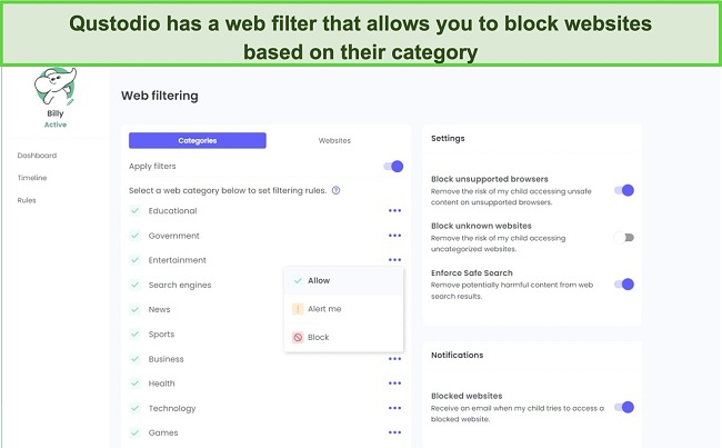 Qustodio has a customizable web filter to prevent your child from accessing content you don’t want them seeing