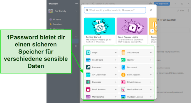 Screenshot, der die Informationen zeigt, die Sie in den Tresoren von 1Password speichern können