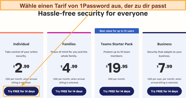 Screenshot, der zeigt, wie Sie einen der 1Password-Pläne auswählen