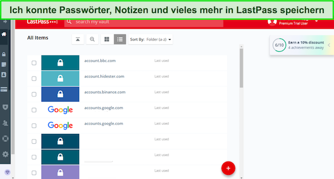 Screenshot, der die in den Tresoren von LastPass gespeicherten Daten zeigt