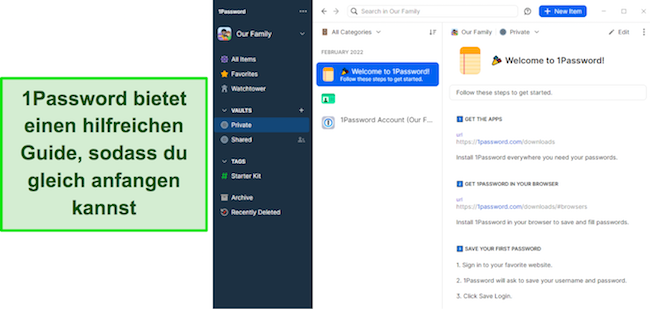 Screenshot des Willkommensleitfadens von 1Password