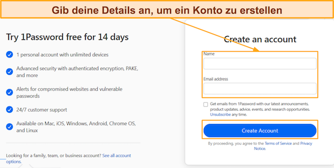 Screenshot, der die Kontoerstellung von 1Password zeigt
