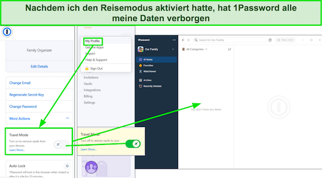 Screenshot der Reisemodus-Funktion von 1Password