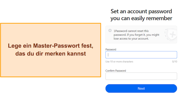 Screenshot, der zeigt, wie man in 1Password ein Master-Passwort festlegt