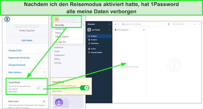 Screenshot des aktivierten 1Password-Reisemodus