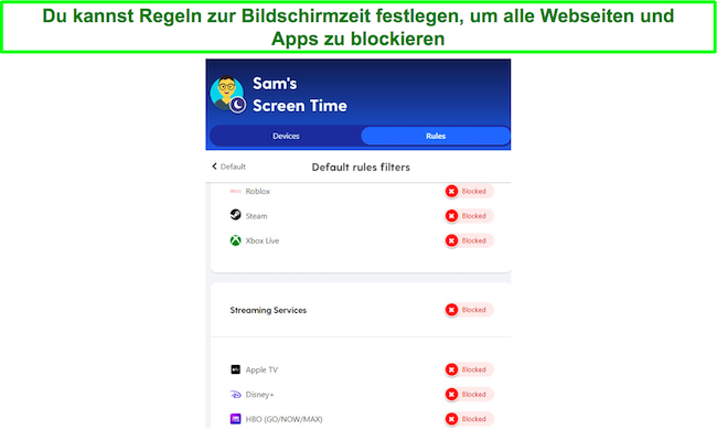 Screenshot der festgelegten Bildschirmzeitregeln