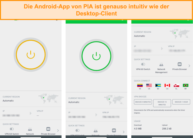 Screenshot verschiedener Bildschirme der PIA-Android-App