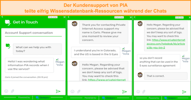 Screenshot des Live-Chats mit dem PIA-Kundensupport bezüglich Protokollierungsrichtlinien
