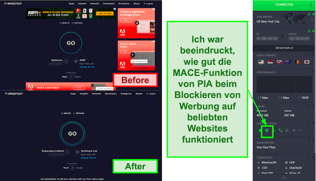 Screenshot des MACE-Adblockers von PIA, der auf Speedtest.net arbeitet, um alle Anzeigen zu entfernen