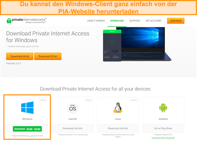 Screenshot der PIA-Website mit einer Vielzahl von Downloads für verschiedene Betriebssysteme