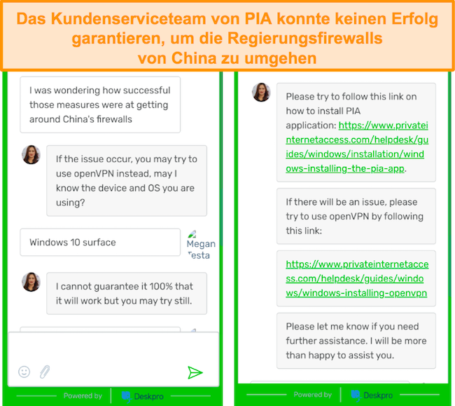 Screenshot eines Chats mit dem PIA-Kundendienst bezüglich des in China funktionierenden VPN