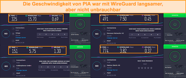 Screenshot der Geschwindigkeitstestergebnisse bei Verbindung mit verschiedenen PIA-Servern bei Verwendung von WireGuard