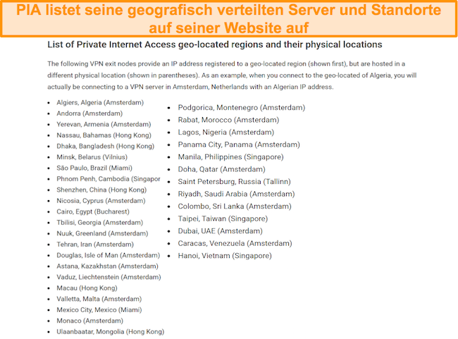 Screenshot der Website von PIA mit den geolokalisierten Servern und tatsächlichen Standorten