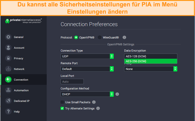 Screenshot der Registerkarte „Einstellungen“ des PIA-Desktop-Clients