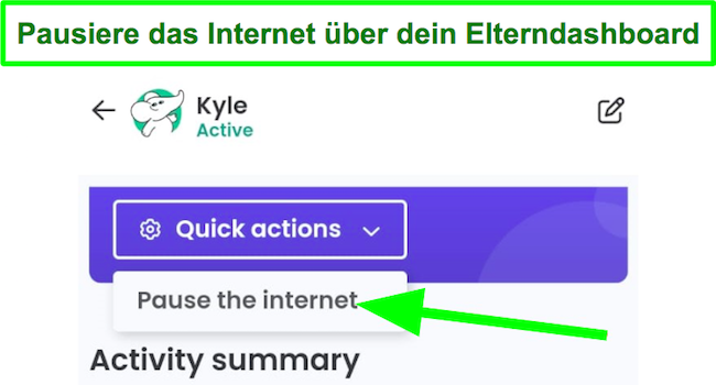 Screenshot von Schnellaktionen zum Anhalten des Internets