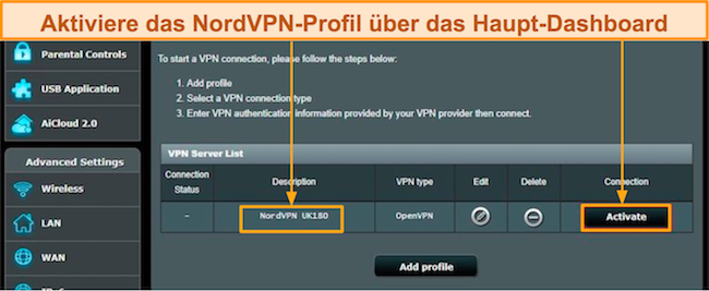 Screenshot der Aktivierung von NordVPN auf der ASUS-Router-Konfigurationsseite