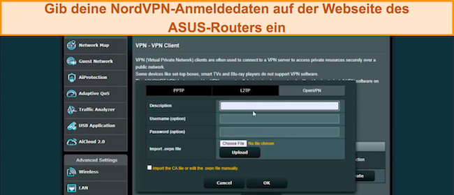 Screenshot der Stelle, an der Sie die Anmeldeinformationen von NordVPN auf der ASUS-Router-Webseite eingeben können