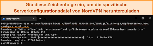 Screenshot der Befehlszeilenschnittstelle von OpenWRT, der das Skript zeigt, das zum Herunterladen der Serverkonfigurationsdatei von NordVPN in das OpenVPN-Verzeichnis verwendet wird